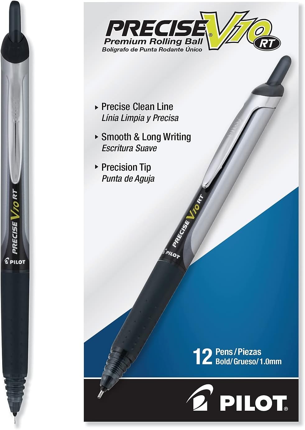 PILOT Precise V10 RT Refillable & Retractable Rolling Ball Pens, Bold Point, Black Ink, 12-Pack (13450)