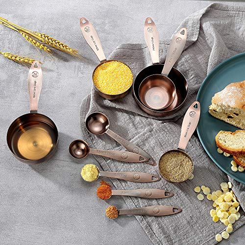 Copper Measuring Cups And Spoons Set, Stainless Steel 10 Piece Set, Stackable 5 Measuring Cups And 5 Measuring Spoons With 2 Rings, Antique Copper Plated #TOP1