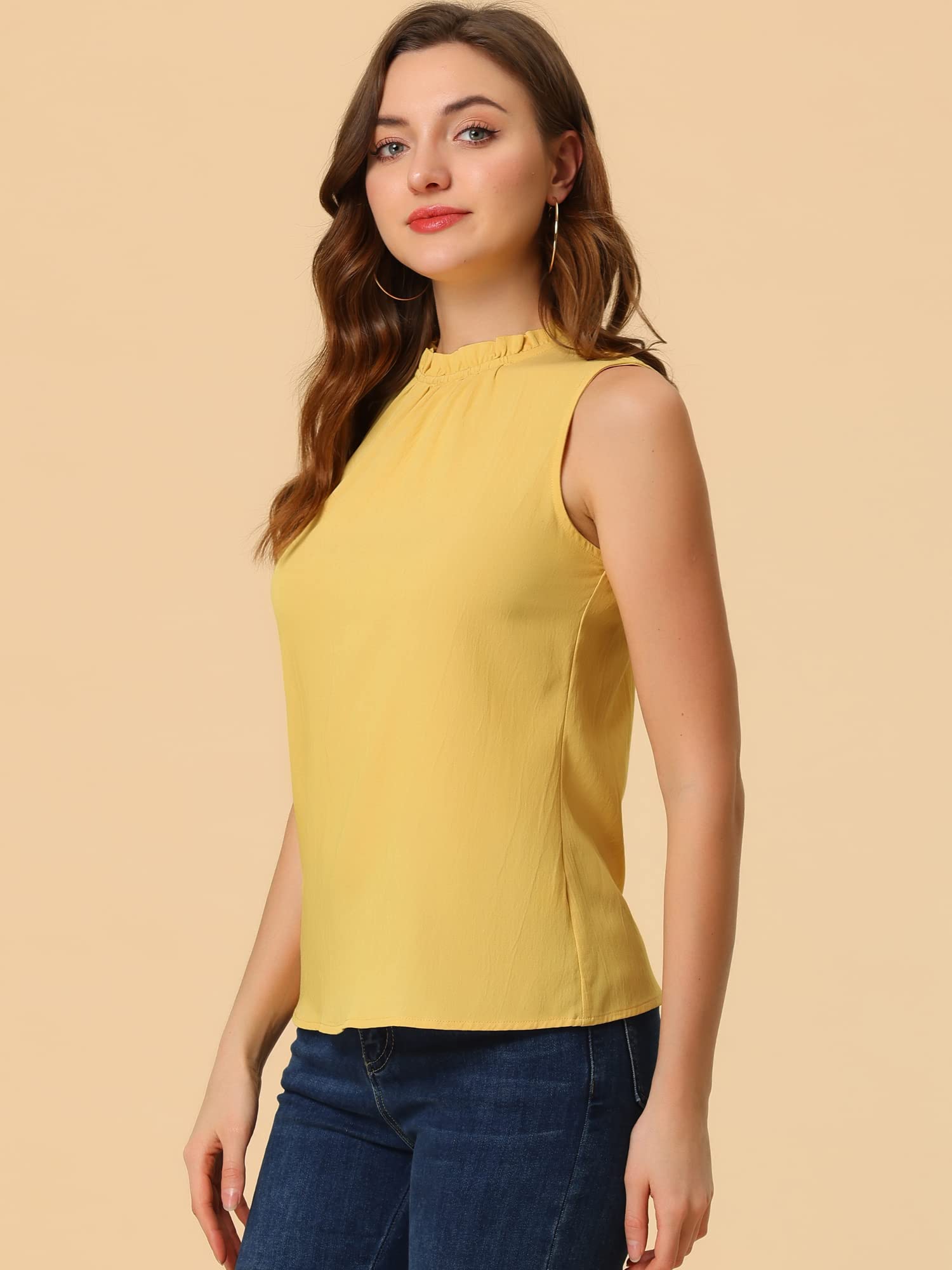 Allegra K Damen Jeansbluse mit Rüschen Stehkragen Ärmellos