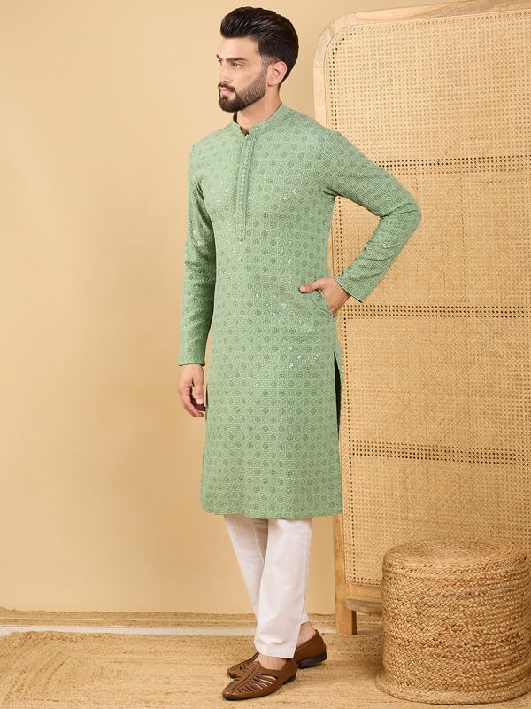 Image of Men's Solid Embroidered Long Straight Kurta | Men's Kurta | Embroidered Chikankari Kurta for Men | Straight Fit Kurta for Men