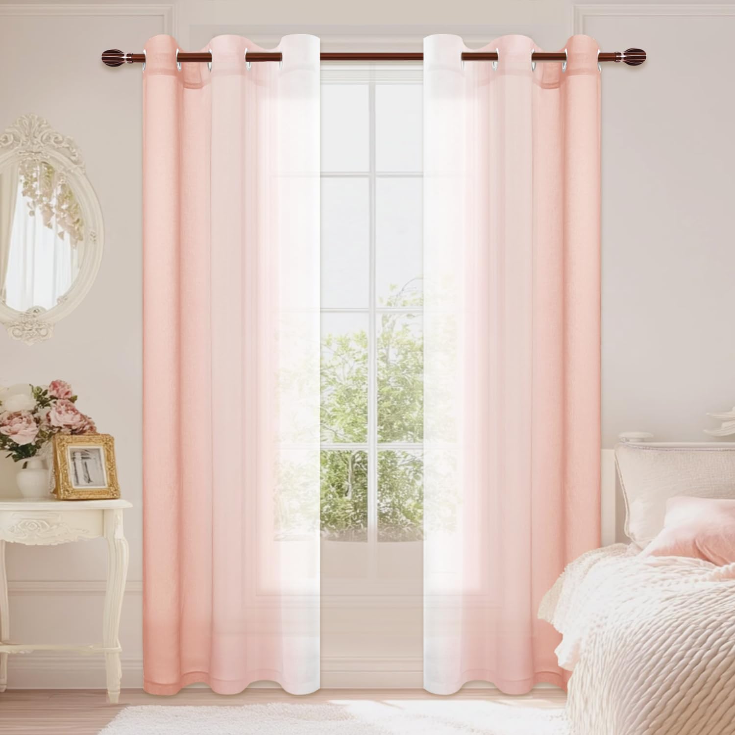 DWCN Blush Pink Ombre Sheer Curtains - 84 inches Long Faux Linen Gradient Semi Voile Curtains for Bedroom and Living Room, Set of 2 Grommet Top Window Curtain Panels, 42 x 84 Inches Long — image 1