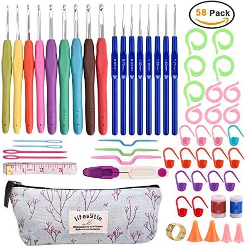BEGOST 58Pack Crochet Hooks Set Ergonomic Knitting Needles Case Weave Yarn Kitting Needles with Soft Rubber Grip Handle,Knitting Accessories and Storage Bag,Size from 0.6mm to 6.0mm