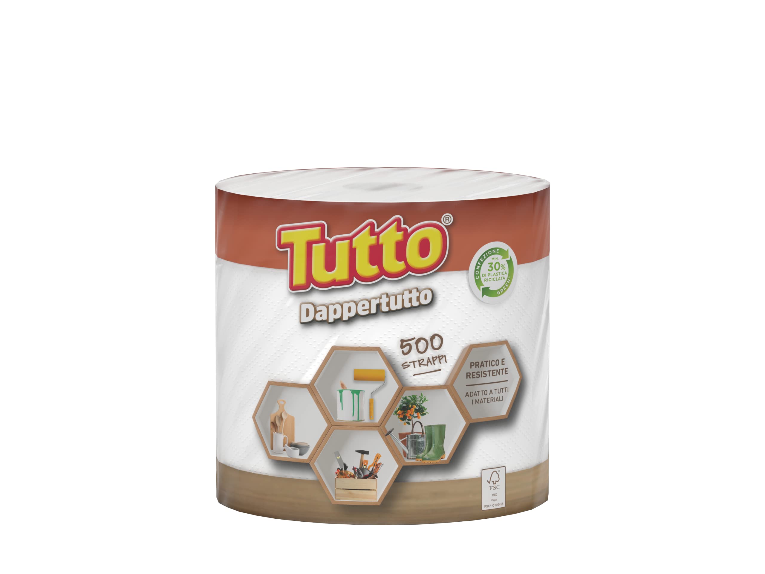 Tutto Asciugatutto Bobina Dappertutto, 1 Rotolo di Carta Multiuso, 2 veli, 500* Strappi per Rotolo, Extra Assorbente e Ideale per Superfici in Legno o Metallo, Made in Italy