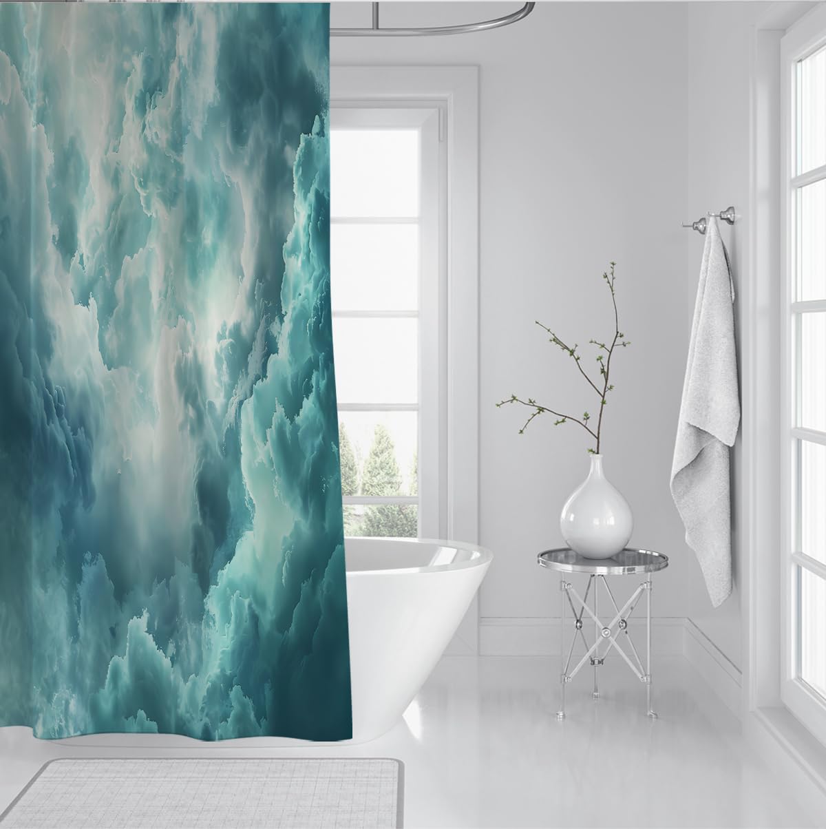 Moderne abstrakte Wolken-Duschvorhang Minimalistisch blassgrünes Badezimmer-Duschvorhang Kreativ-Schicke Badedekoration Wasserdichtes Polyester 200 x 220 cm