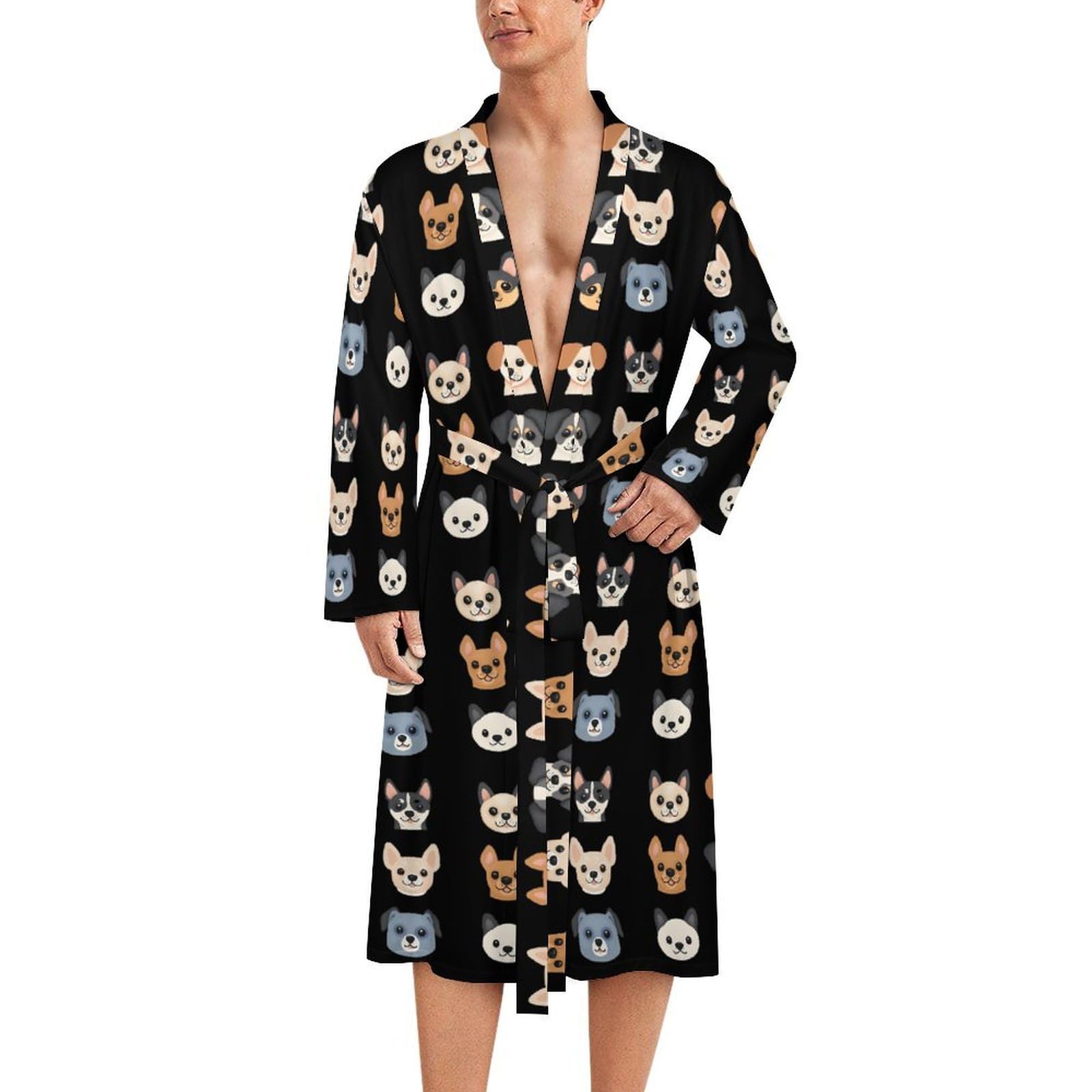 Ropa de dormir suave para hombre bata ligera de caras de perro cómoda 8