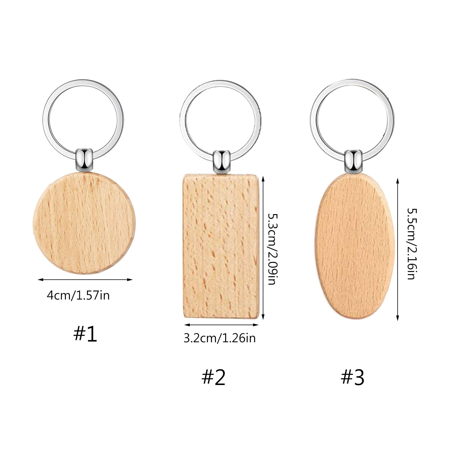 Chenpaif Schlüsselanhänger aus Buchenholz, 50 Stück, rechteckig, rund, oval, Holzgravur, DIY-Schlüsselanhänger-Set, 3#, 5.5cm, Holz