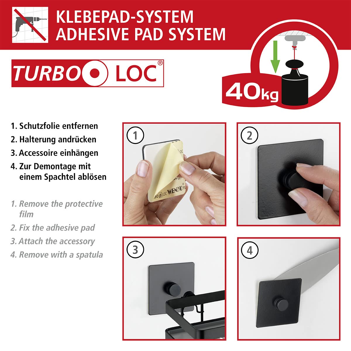 WENKO Turbo-Loc Dozownik mydła Carpino, z wysokiej jakości tworzywa sztucznego, do mocowania bez wiercenia na gładkich powierzchniach, do 250 ml mydła w płynie, uchwyt ścienny z metalu, czarny