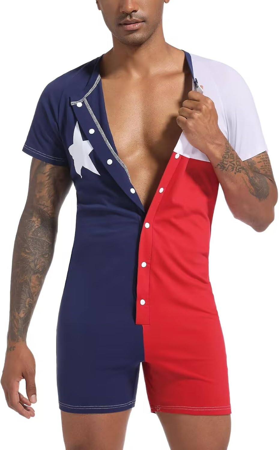 Landofgenie Mens Onesie Henley Jumpsuit Romper for Men Cotton Pajamas Bodysuit
