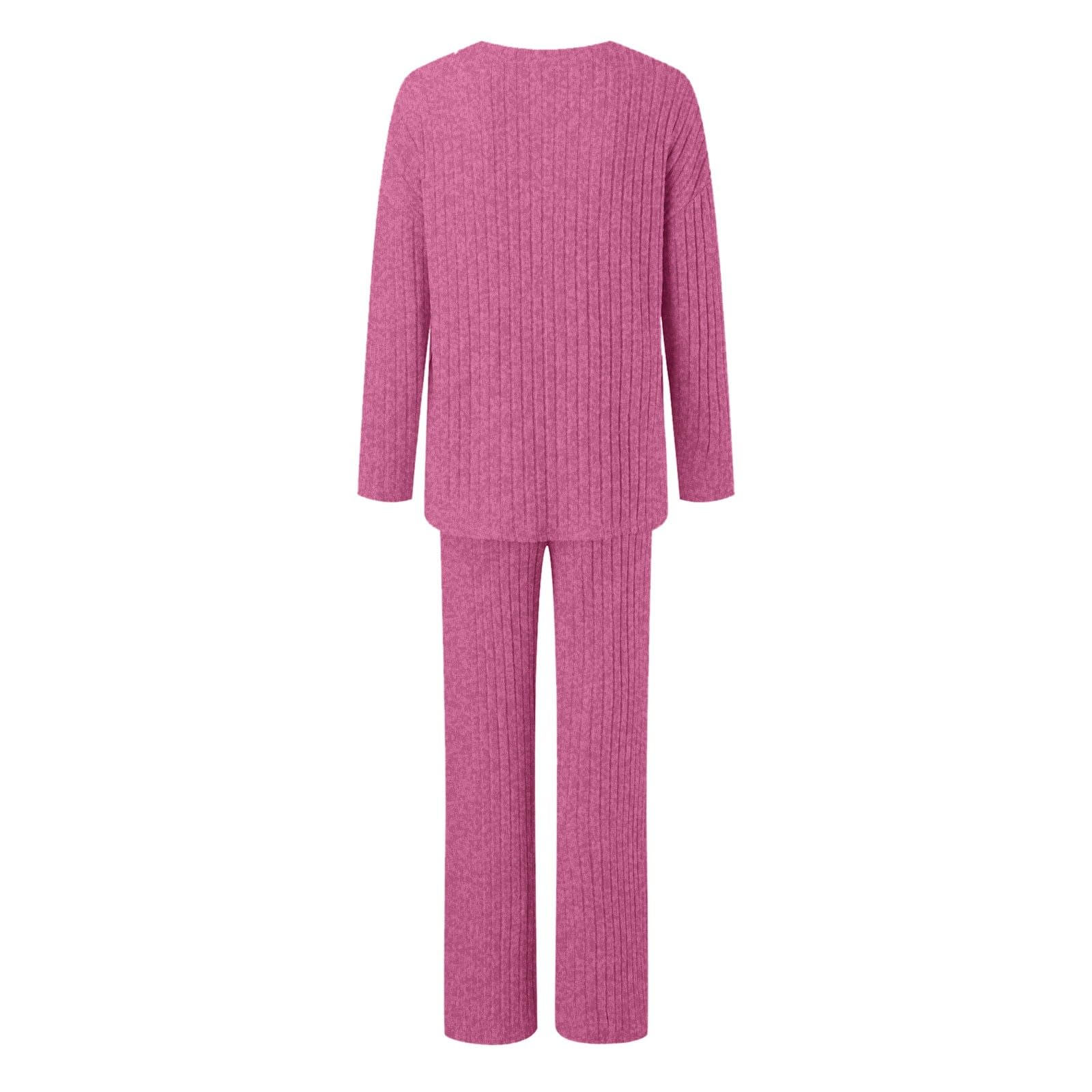Strick Set Damen Zweiteiler - Strickanzug Damen Gerippt V Ausschnitt Elegant Loungewear 2 Teiler Lounge Wear Einfarbig Strickset Hose und Oberteil Freizeitanzug Modern Hausanzug Homewear Sleepwear
