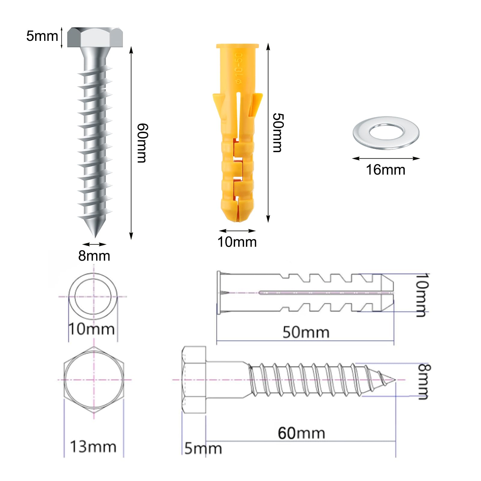 18 Sets Heavy Duty M10x50mm Masonry Brick Wall Plugs and Concrete Screws with Washer Zinc Plated Wall Fixing Anchor Bolts Strong Wall Plugs and Screws Set for TV Bracket Aerial Satellite Fence Shelves - Image 2