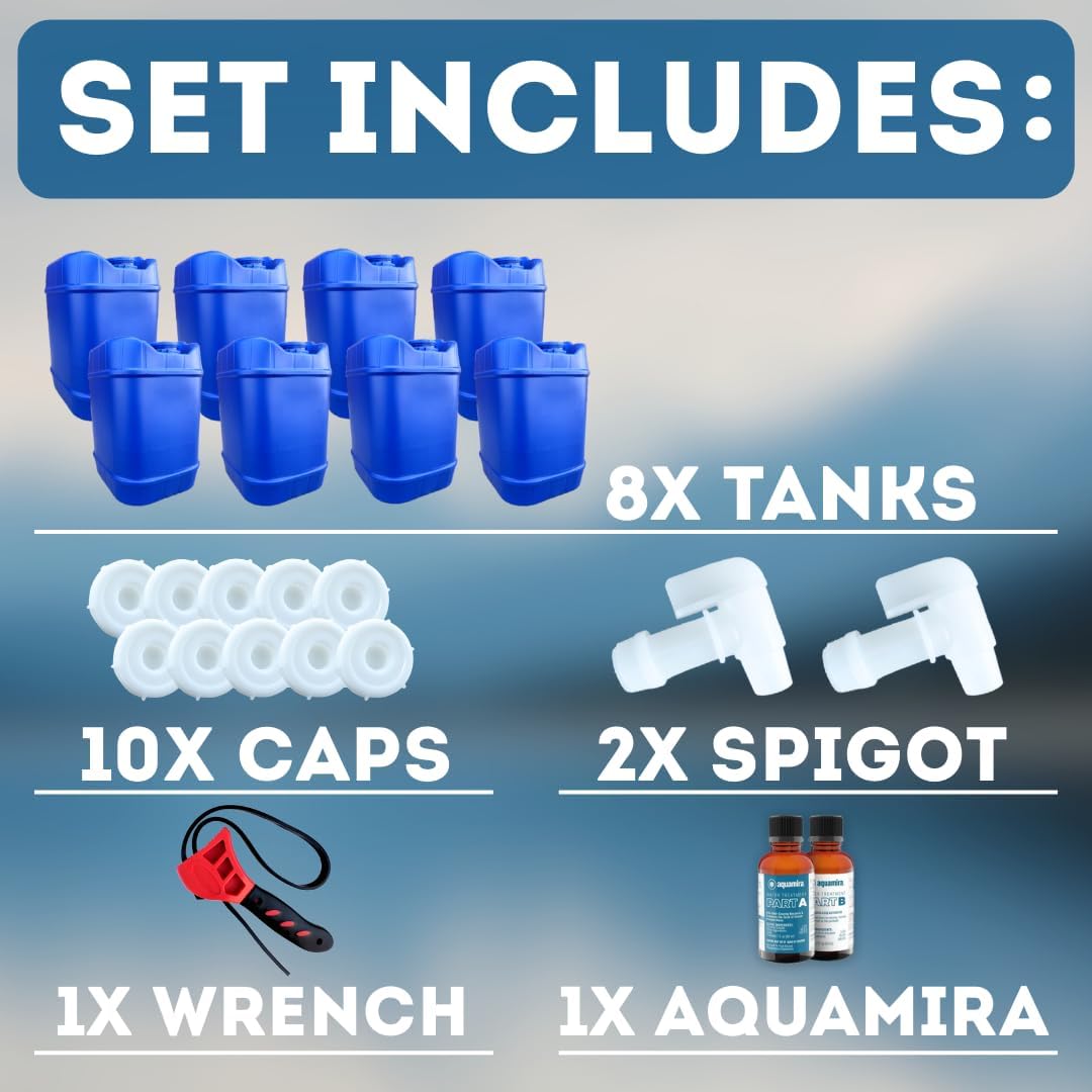 5-Gallon Stackable Water Storage Containers, Water Treatment,5 Gallons Each w/Lids + Spigot, Easy Fill, Survial Supply Emergency Water Storage for Disaster Preparedness, 40 Gallon (8 Tanks)