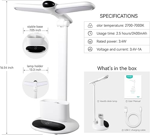 Miniatura 6 de VAVOFO Eye-Caring - Lámpara de escritorio inalámbrica 6785 - Control táctil, temperatura de color de 2700-7000K, 700 lúmenes, diseño de doble
