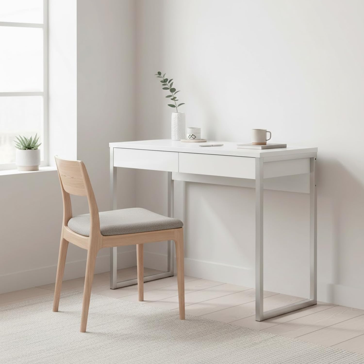Arreditaly Scrivania Moderna Con 2 Cassetti Design Ribe Minimal Con Gambe In Acciaio Desk Salvaspazio Per Home Office Studio e Cameretta 101.6 × 40 × 76.5 cm Bianco Lucido