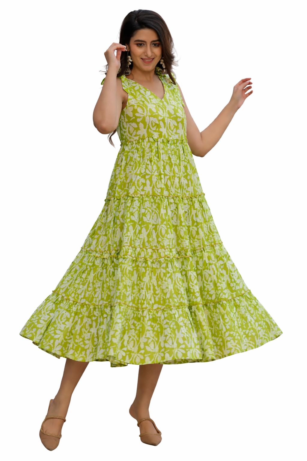 Stylish Women Green Printed Midi Dress Sleeveless A-Line Casual Party Dress-picture-40