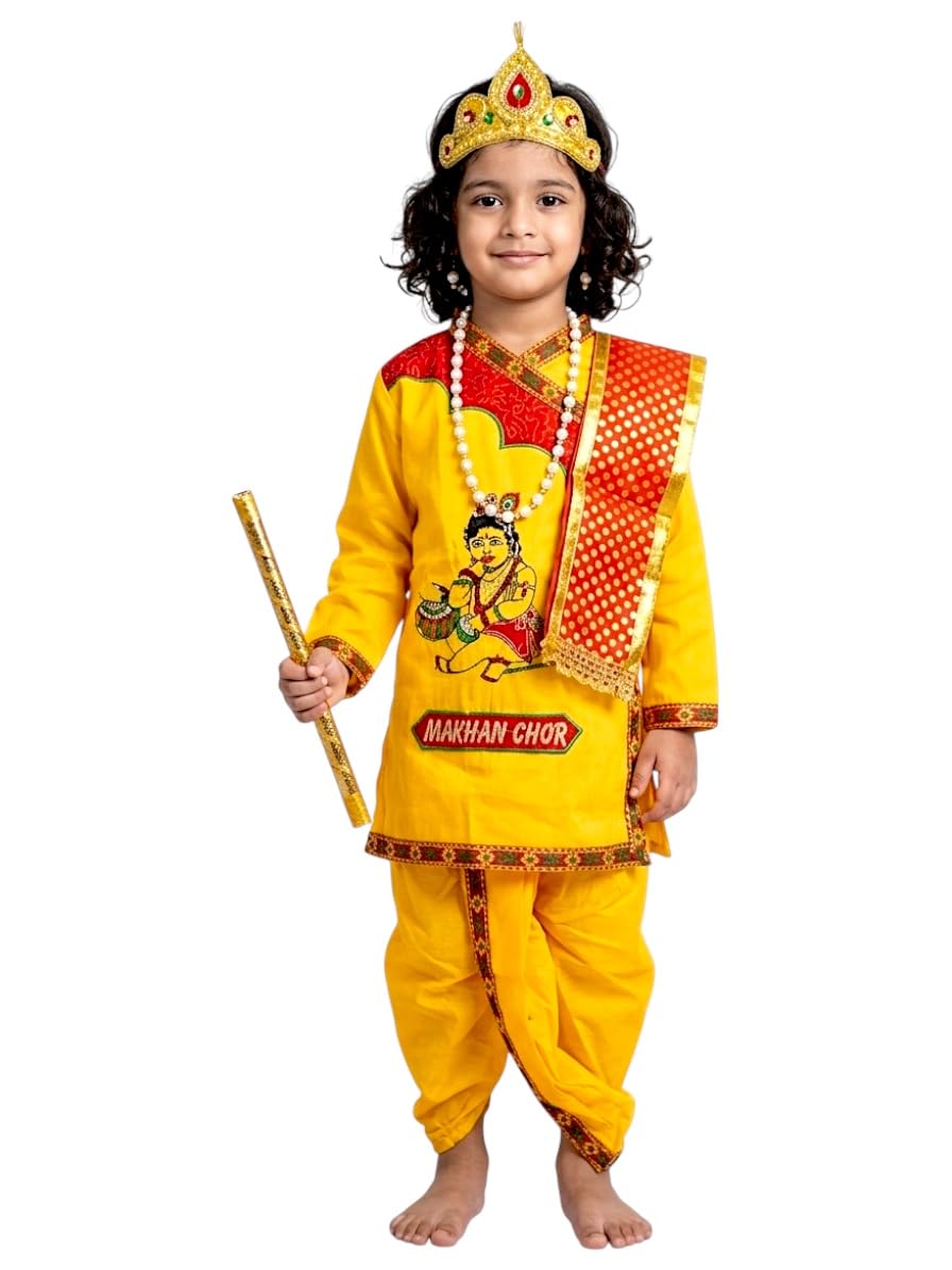 Krishna Dress for Kids with Mukut, Bansuri & Dhoti/Fancy Dress for Janmashtami