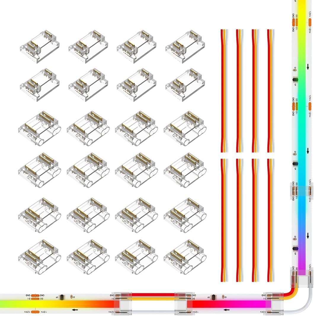 BTF-LIGHTING FCOB COB 3pin 12mm 0.47in Connector Kit 24pcs Transparent Connector 8pcs 15cm langes 22AWG Verlängerungskabel Nur kompatibel mit FCOB SPI WS2811 720LED/m RGB (VCC DI GND) LED Streifen