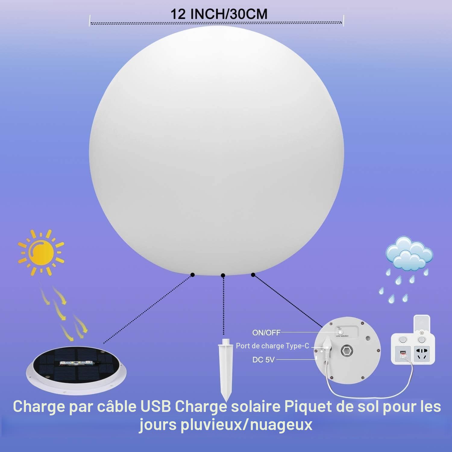 Lampe solaire LED RGB 30 cm IP66 1200 mAh rechargeable étanche pour jardin extérieur avec télécommande