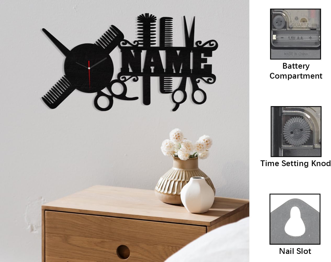 Personalized Hairdresser Gifts Wall Clock Custom Name Wall Art Clock Metal Fun Salon Barber Shop Wall Clock with Scissors and Comb Pattern for Bedroom Living Room Kitchen Black image 6 of 6 B0CLRRQ3JV
