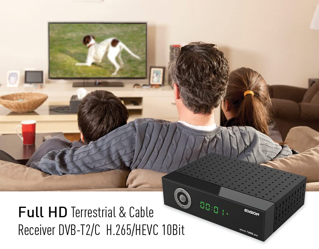 Edision Picco T265 pro Terrestrischer & Kabel Receiver DVB-T2/C H265 HEVC FTA Full HD PVR, USB, HDMI, SCART, S/PDIF, IR-Auge, USB WiFi Support, Universal 2in1 Fernbedieung, 2in1 Netzteil Schwarz
