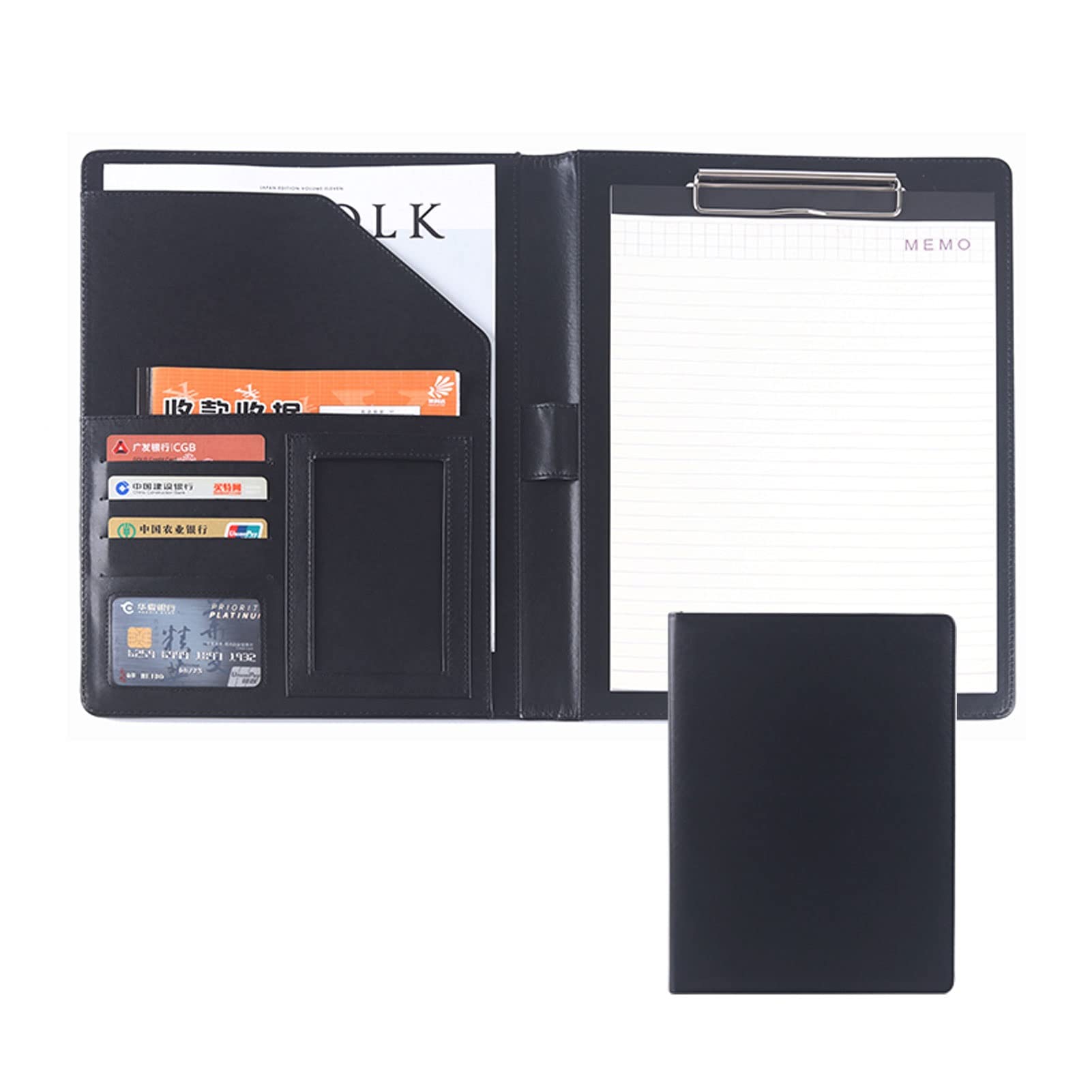 Teczka na dokumenty A4 ze sztucznej skóry | Multicolor Folder Schowek Multi Size dla notatnika i organizatora(czarny, bez kalkulatora)