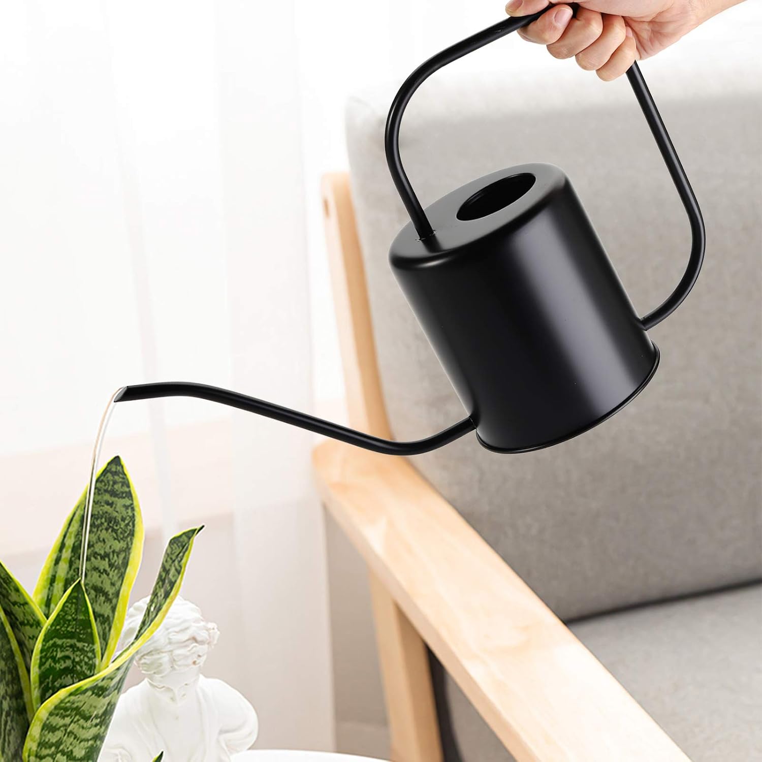 Fasmov 51 Oz Stainless Steel Watering Can Modern Style Watering Pot, Watering Can with Long Spout for Easy Pour, Water Outdoor Garden, Indoor Plant (Black)