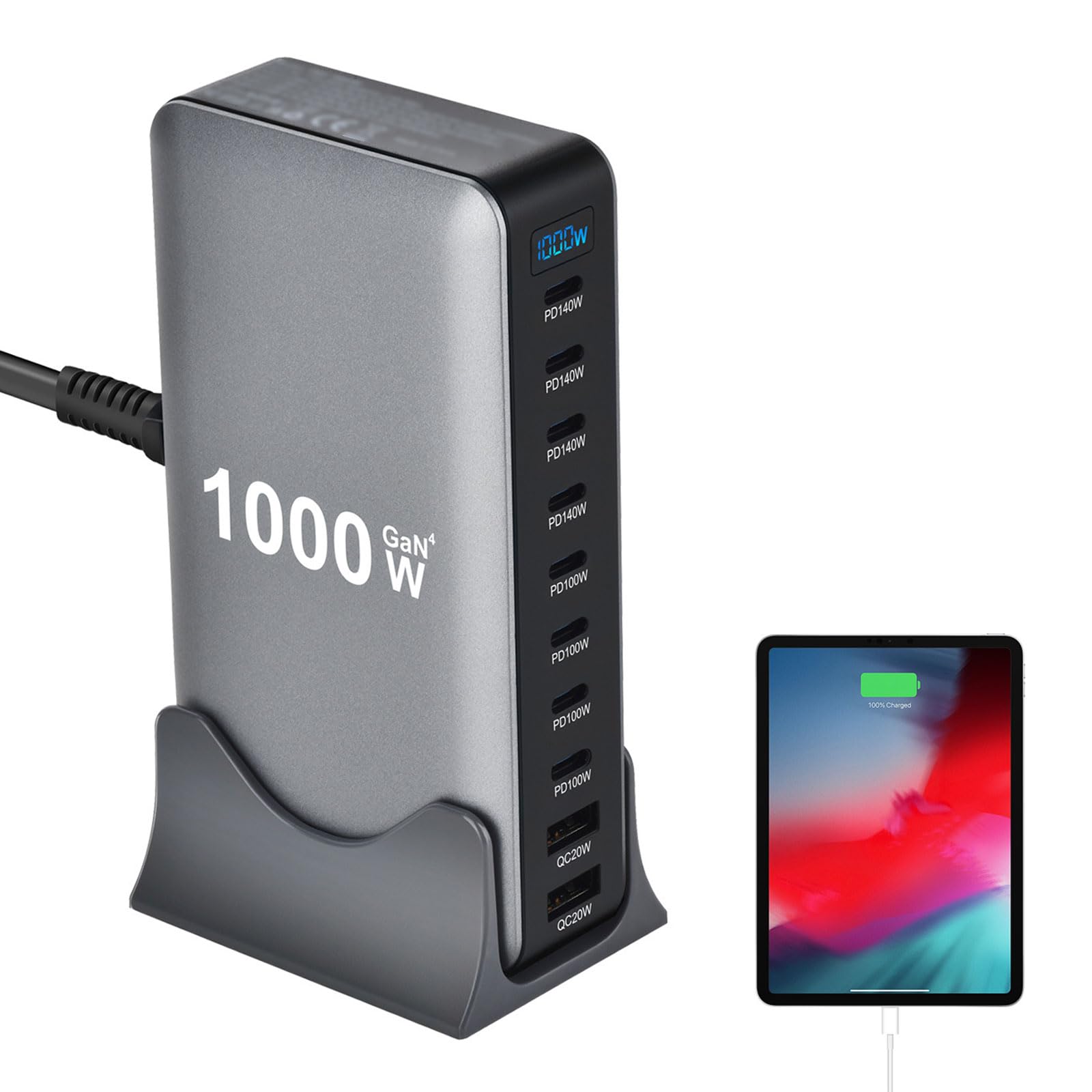 Chargeur USB C multiple 1000 W - 10 ports - Chargeur rapide pour ordinateur portable - Station de charge compatible avec MacBook Pro/Air, iPad, iPh0ne, Galaxy S25, etc