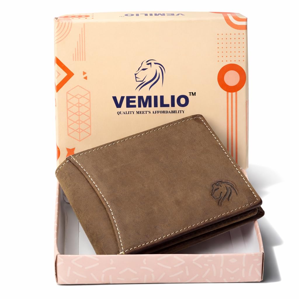 VEMILIO Genuine Leather Men’s Bi-Fold Wallet with RFID Protection & ID Window | Coin Pocket | Zip Slot | 2 Cash Compartments & 6 Card Slots (Classic Brown)-image-48