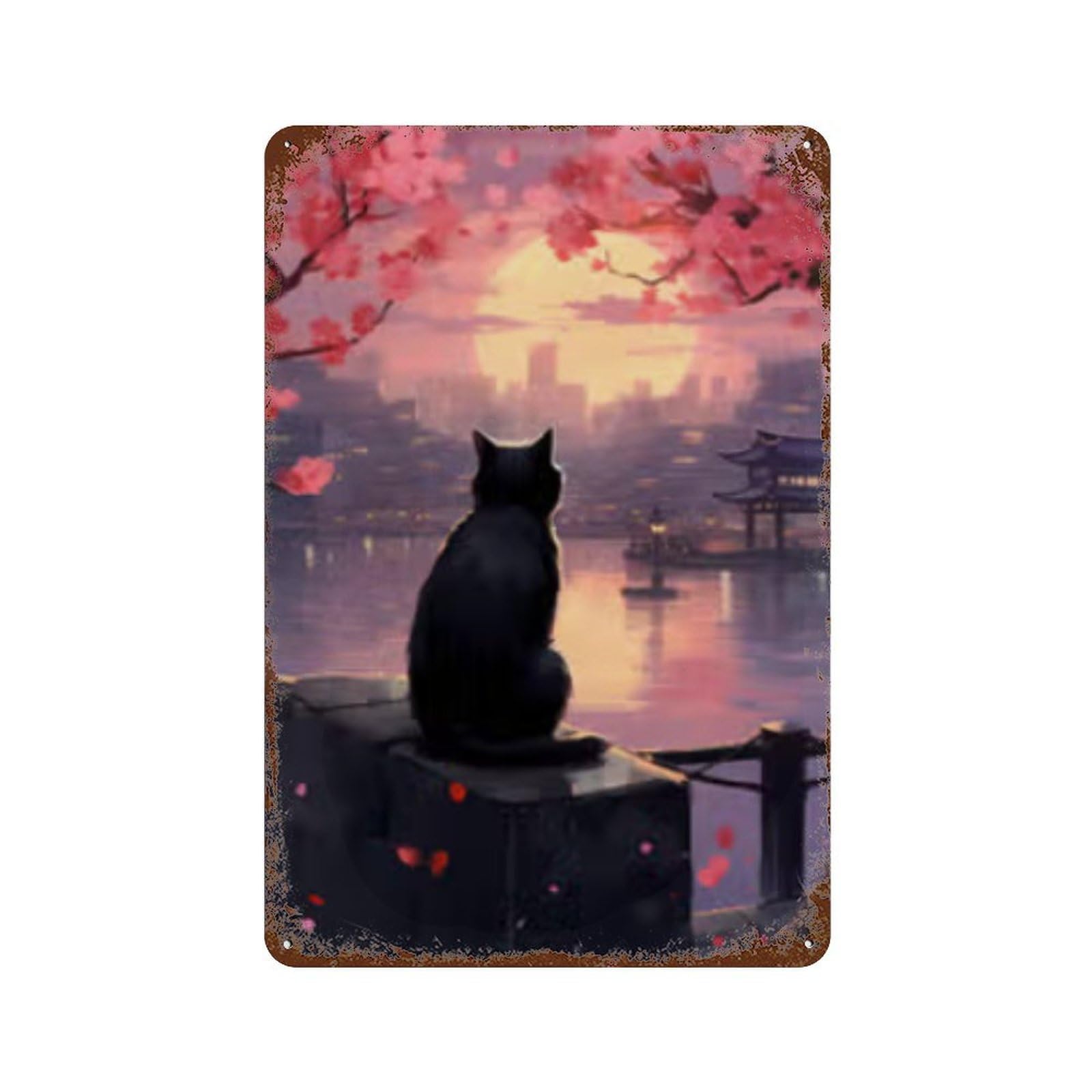 Cherry Blossom Cat Sunset Weathered Tin Sign 11.8"x7.9", Classic Wall Plaque for Garage, Bar And Workshop Decor