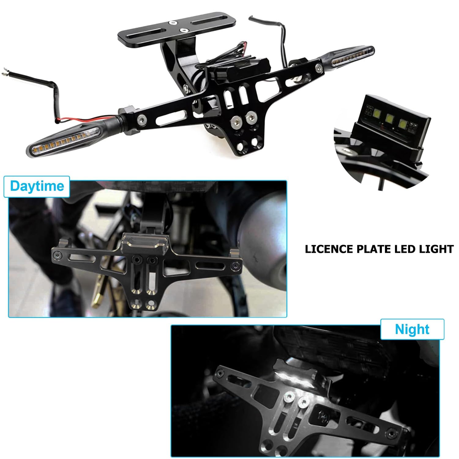 Support de Plaque d'immatriculation pour Motos avec éclairage LED Rotatif à Gauche et à Droite. Support de Plaque d'immatriculation réglable en Aluminium pour la Plupart des modèles de Moto (Noir)