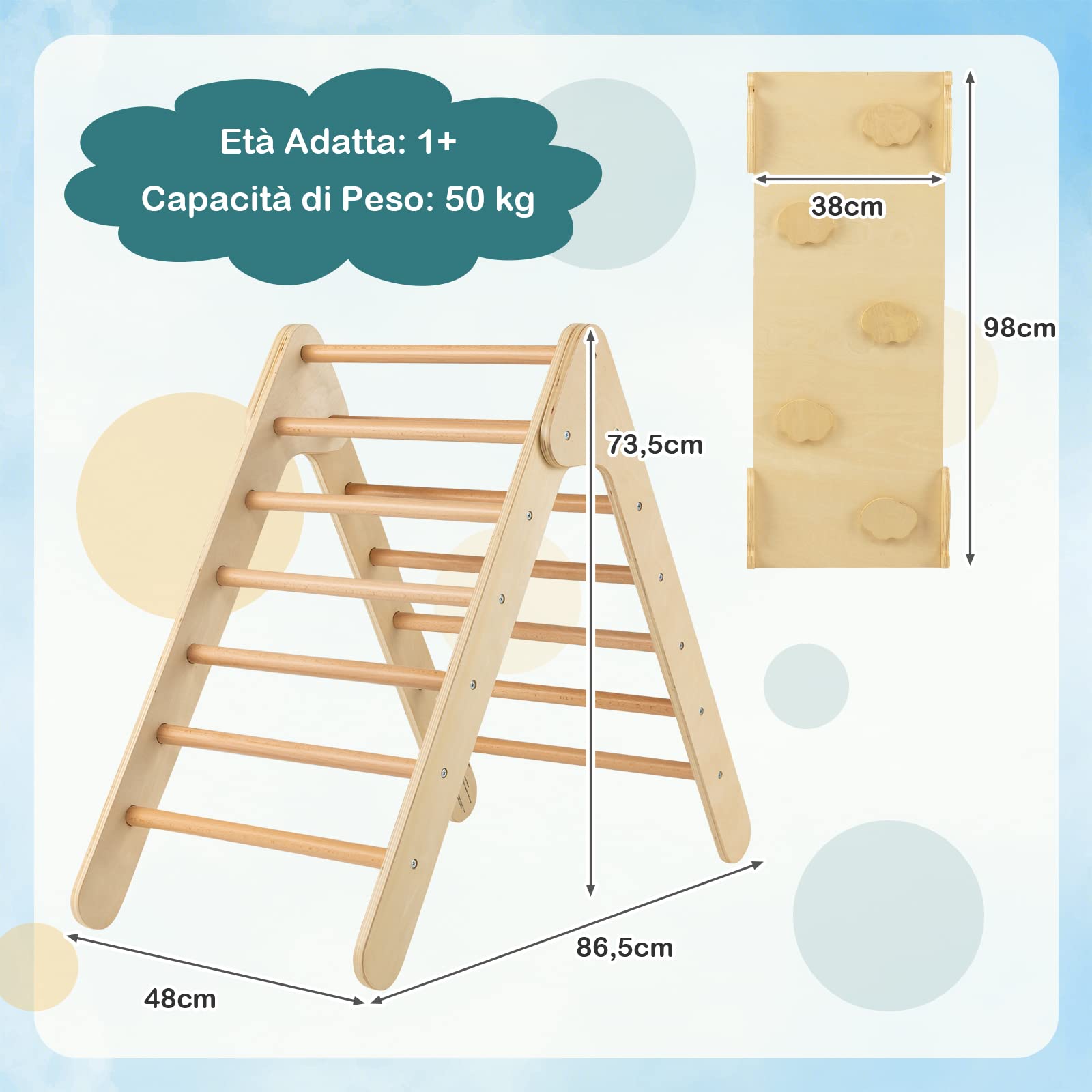 COSTWAY 3 in 1 Arrampicata Giocattolo a Triangolo per Bambini, Set di Arrampicata con Rampa di Scivolo a 2 Lati e Inclinazione Regolabile, Arrampicatore per Bambini 1 Anno+ (Naturale)