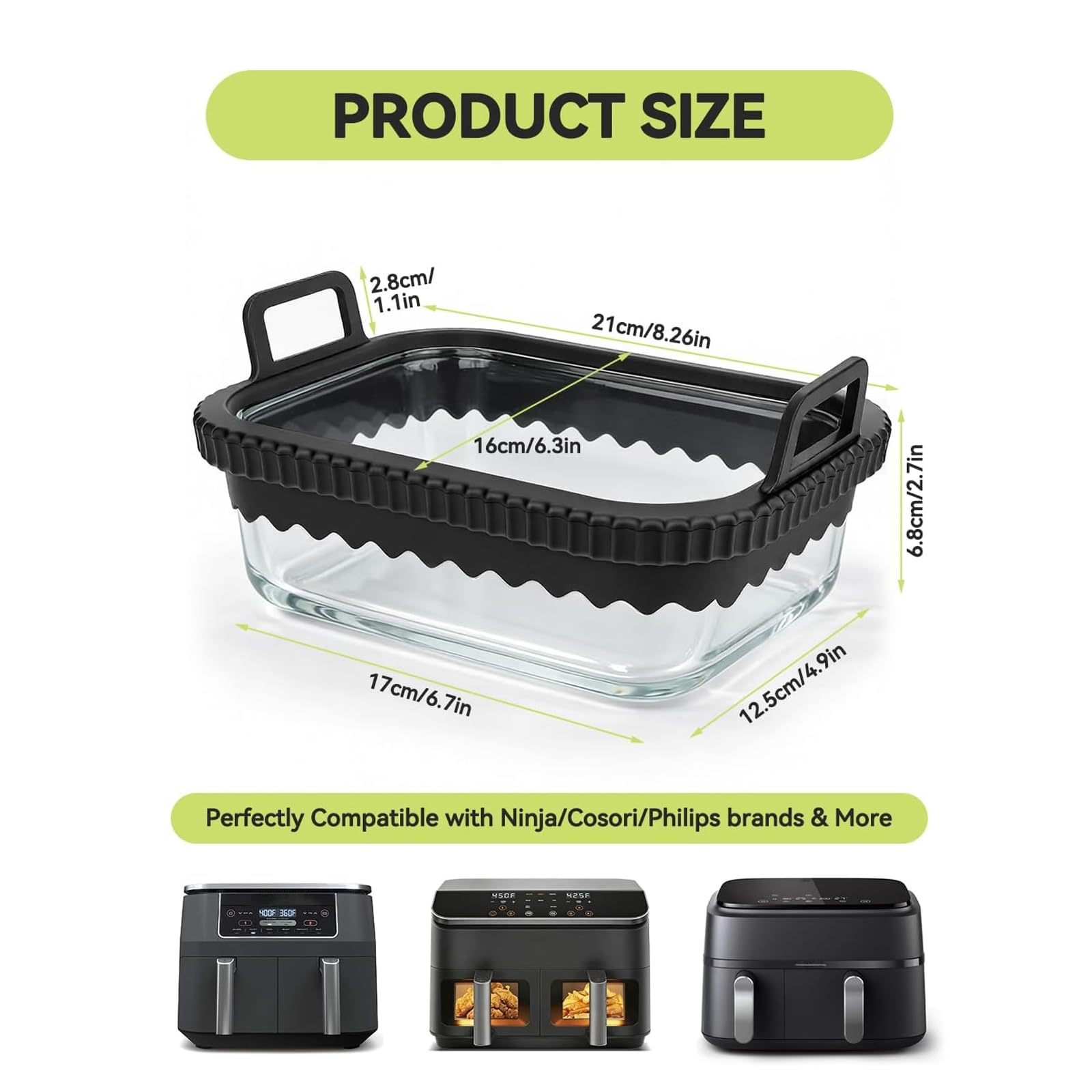 Teglia per friggitrice ad aria, accessorio in vetro per friggitrice ad aria, adatta per Ninja AF400EU/DZ400EU/AF500EU, senza BPA/PTFE, con anello in silicone rimovibile (Confezione da due)