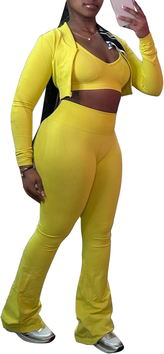 Mintsnow Women 3 Piece Sweatsuit Outfits Sets Long Sleeve Zipper Jacket Crop Tops and Long Flare Pants Set Workout Tracksuit