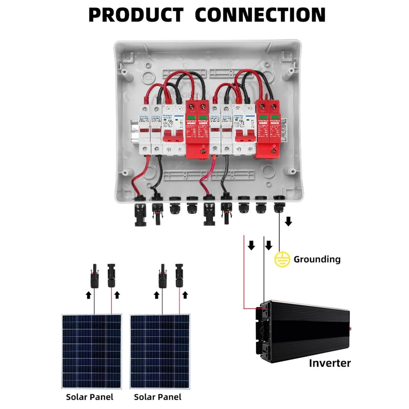 Quadro di combinazione fotovoltaico solare fotovoltaico con protezione da sovratensioni e fulmini, 2 ingressi, 2 uscite, 2 stringhe, DC 600 V, fusibile MCB SPD, scatola impermeabile IP65(40A DC MCB)