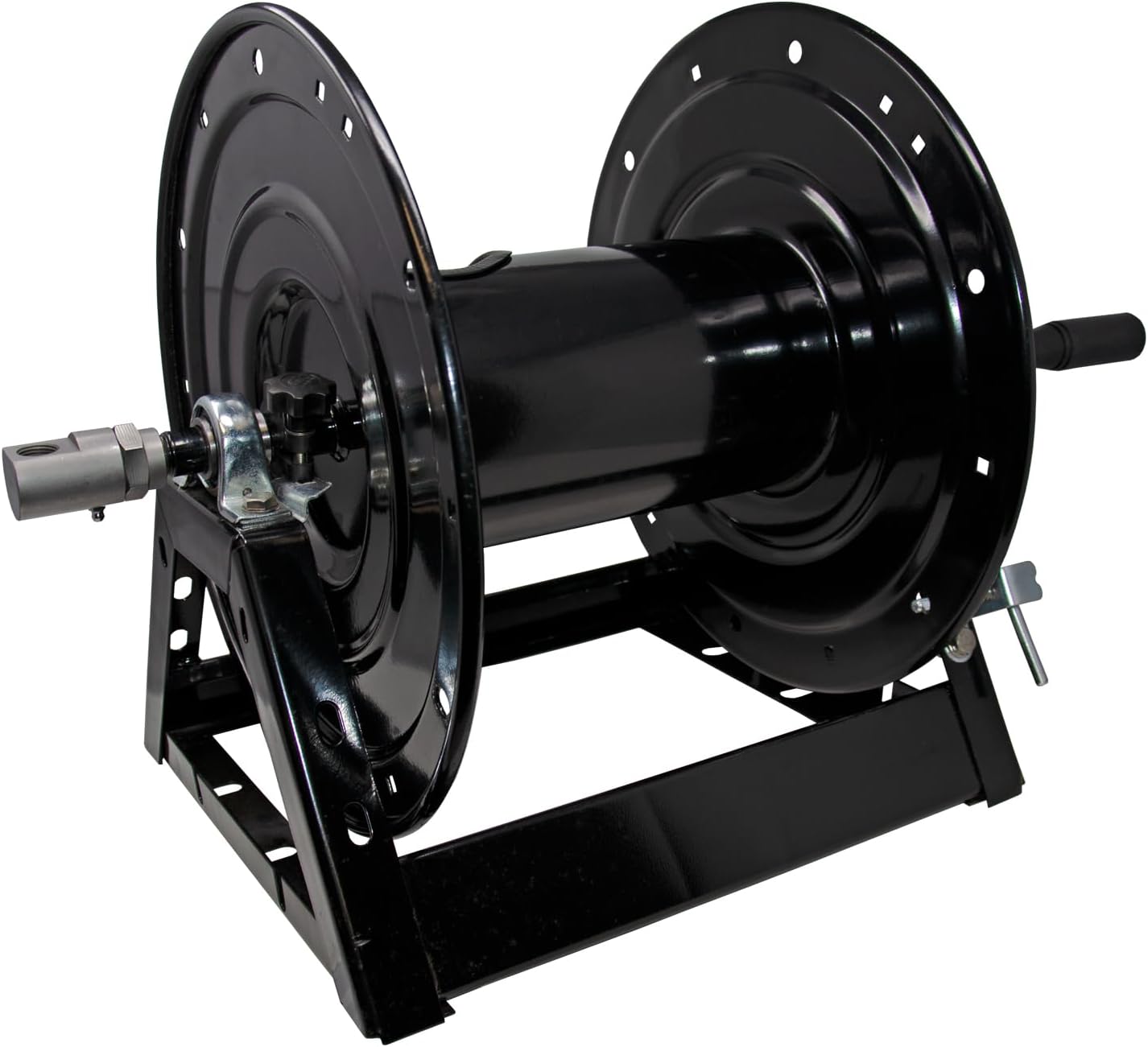General Pump DHRA50300 3/8" x 300' Black Steel Hose Reel with Flat Sidewalls, A-frame, Pin Lock and Brake and Stainless Steel Swivel Inlet, 5000 Psi