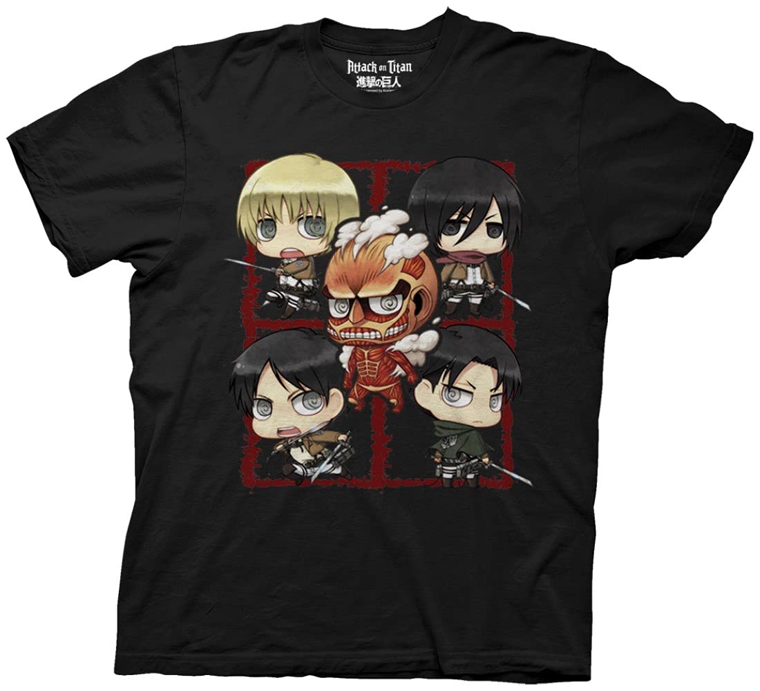 Ripple Junction Attack On Titan Men's Short Sleeve T-Shirt Levi Mikasa Eren Yeager Armin Arlert Chibi Officially Licensed