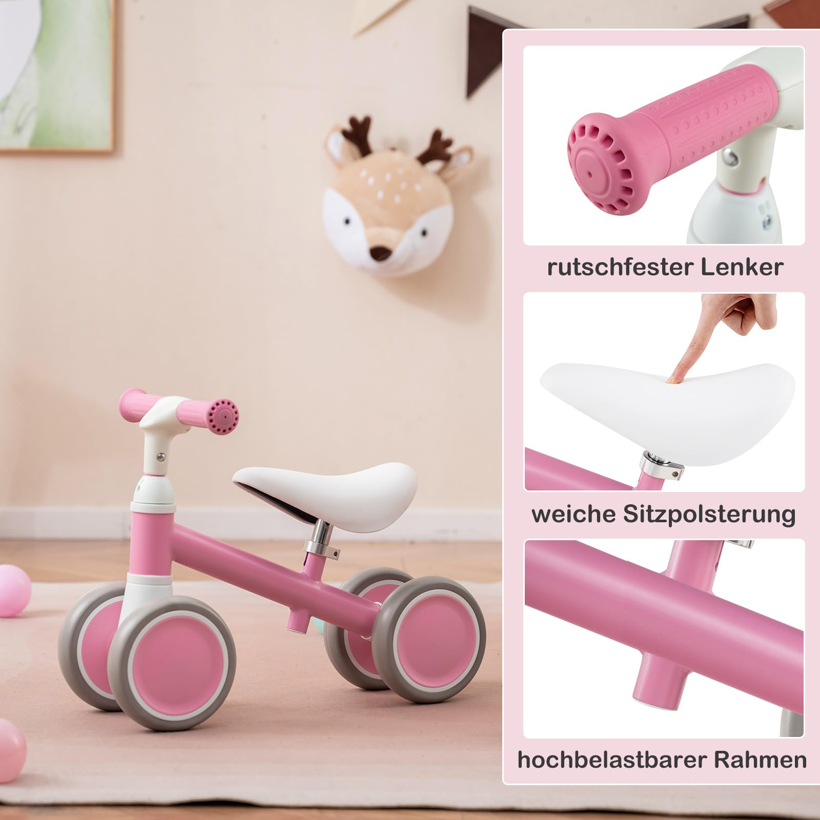 COSTWAY Laufrad ab 1 Jahr, Lauflernrad mit 4 Räder, Baby Spielzeug mit höhenverstellbarem Griff und Sitz, Balance Rutschrad, Geschenk für Jungen und Mädchen zum 1 Geburtstag