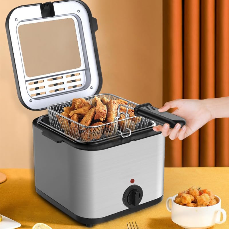 Fdit Frytkownica Elektryczna 1000W, Stal Nierdzewna Frytkownica Głęboka z | Powłoka Nieprzywierająca, łatwy do Czyszczenia Uchwyt, do Chipsów, Kurczaka, Ryb, pojemność 1100g.