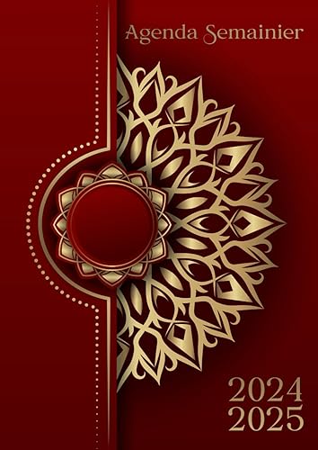 Agenda 2024 2025 Semainier Professionnel: Planificateur hebdomadaire avec heures de juin 2024 à juillet 2025 (14 mois) - 1 semaine sur 2 pages - ... - Grand format A4 - Mandala Or sur fond rouge