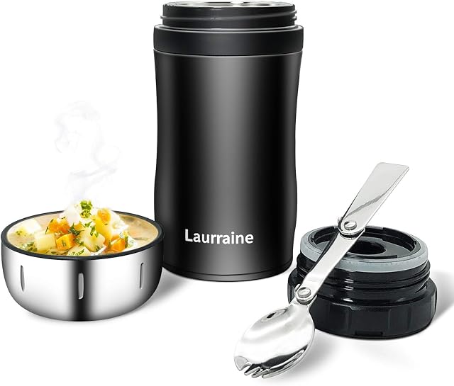 Puninoto Food Flask,500ML Stainless Steel Vacuum Double Wall Jar,Cold/Hot Leakproof Thermal Flask with Folding Spoon Portable Lunch Container for Kids/Adult,Work,Picnic,School(Black)