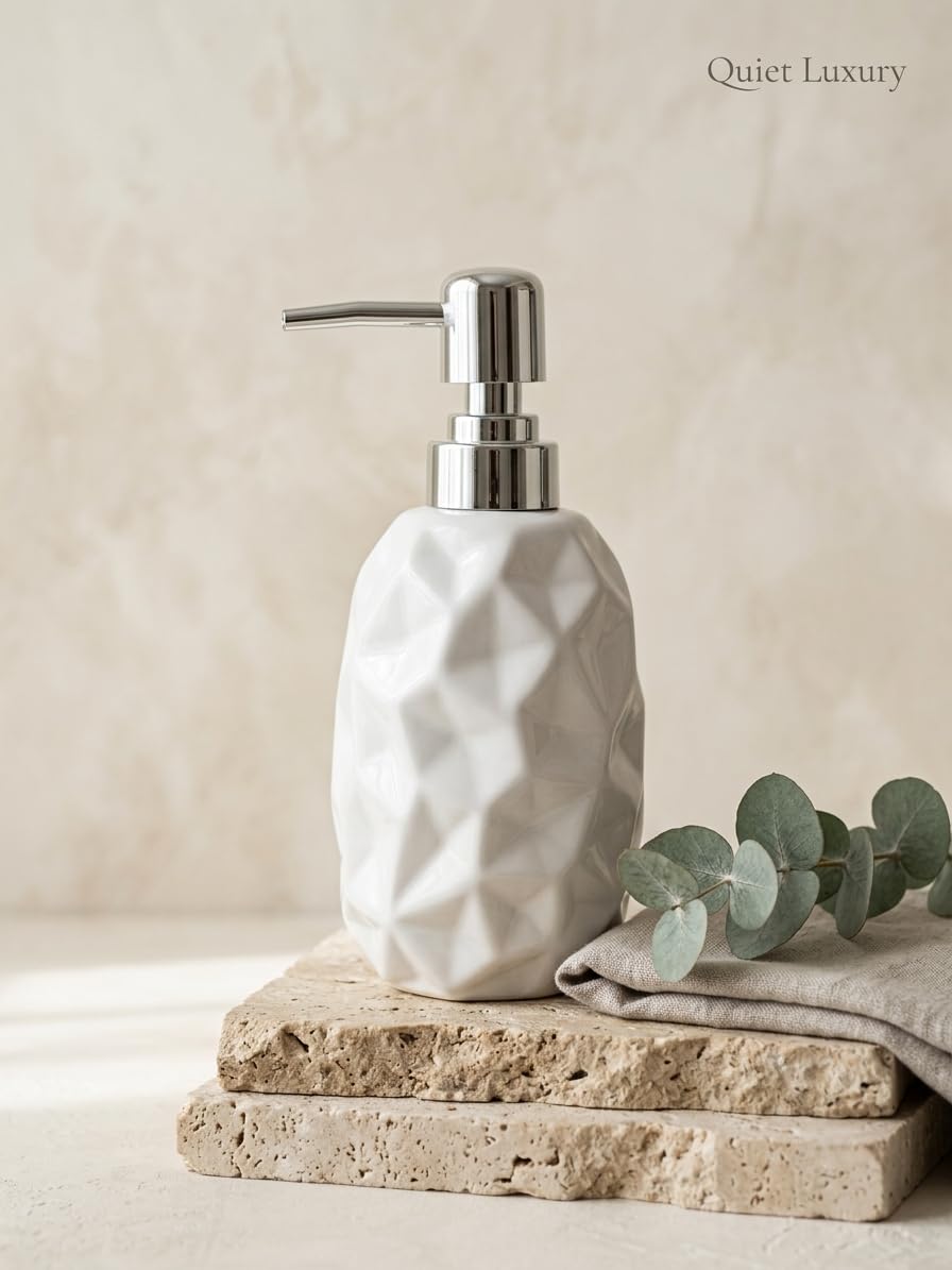 Refillable Ceramic Soap Dispenser with Stainless Steel Pump for Bathroom & Kitchen, White Liquid Soap Bottle for Hand Wash, Lotion, Shampoo, Conditioner, Dish Soap, 400 ml (Abstract Design White)-image-39