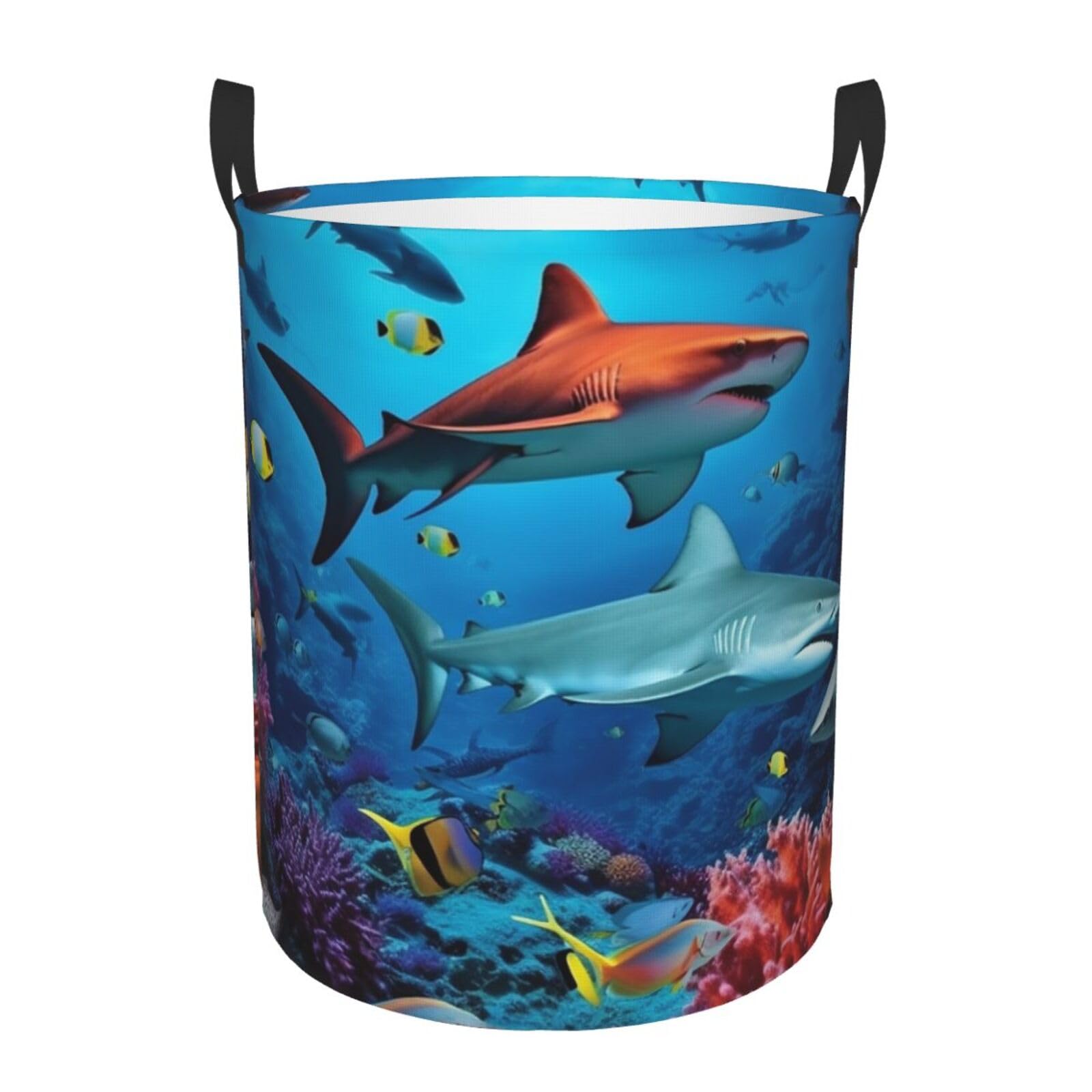 Fish Sharks Coral print Circular Hamper Waterproof Storage Bin Organizer Basket Laundry Hamper With Handles For Clothes Toys Small