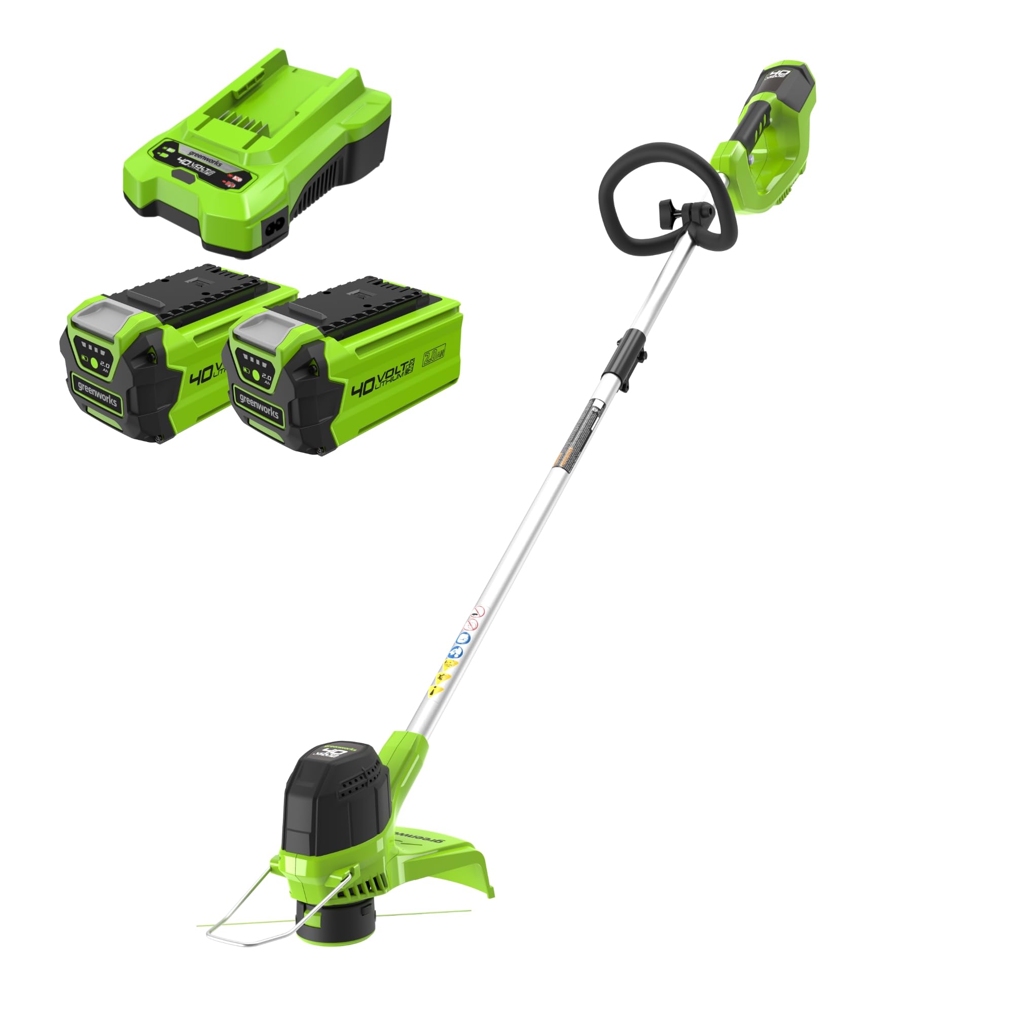 Greenworks 40V Tagliabordi a Batteria per Giardini Medi, Altezza Regolabile, Ampiezza Taglio 30cm, Filo di Nylon da 1,65mm con Autofeed, 2x Batterie da 40V 2Ah e Caricabatterie G40LTK2X