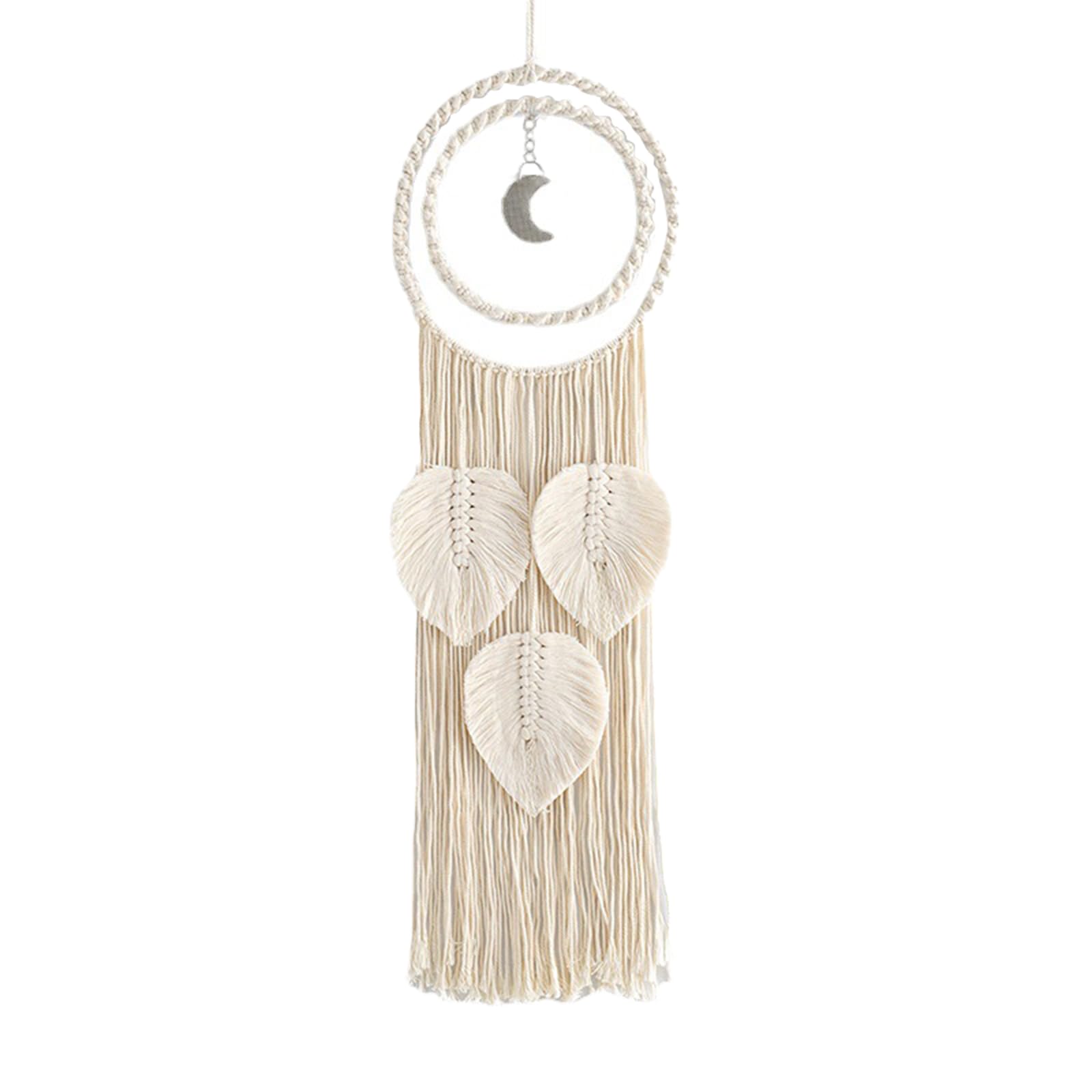 Soulnioi Dream Catcher,Weaving Leaf Tassel Dreamcatcher,Double Circle Moon Tassel Dreamcatcher,Macrame Wall Hanging,for Bedroom Dream Catcher for Girls,for Wedding//Birthday Decoration White
