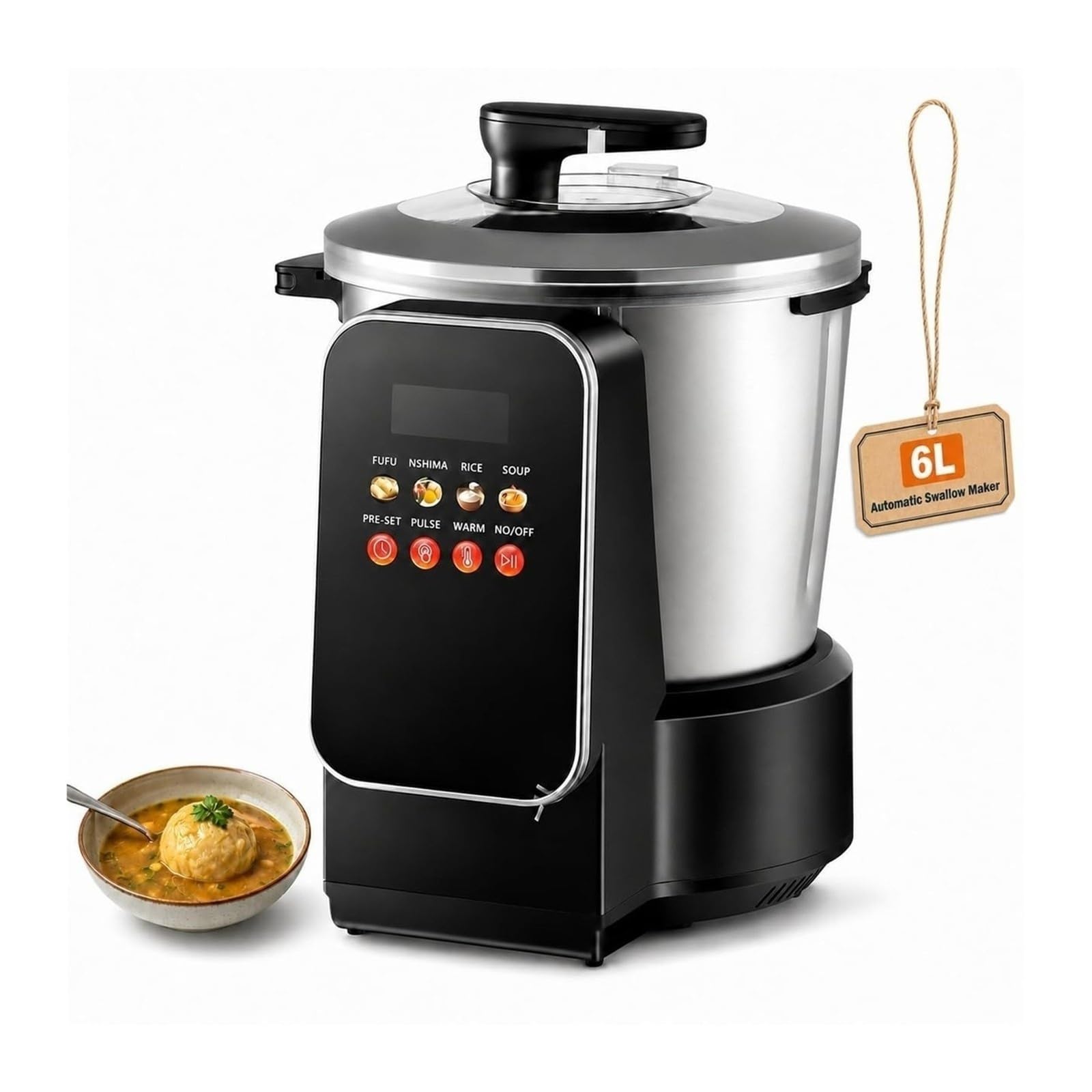 Fabricante de alimentos automático antiadherente eléctrico 6L Yam Pounder | Con pantalla táctil, máquina de fácil limpieza de acero inoxidable for comida africana