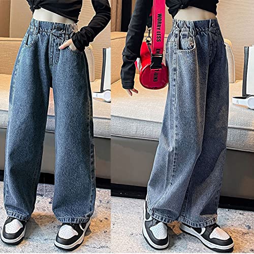 Fashion Kids Girls Ripped Distressed Washed Baggy Wide Leg Jeans Casual Denim Pants Size 5-14 Years4