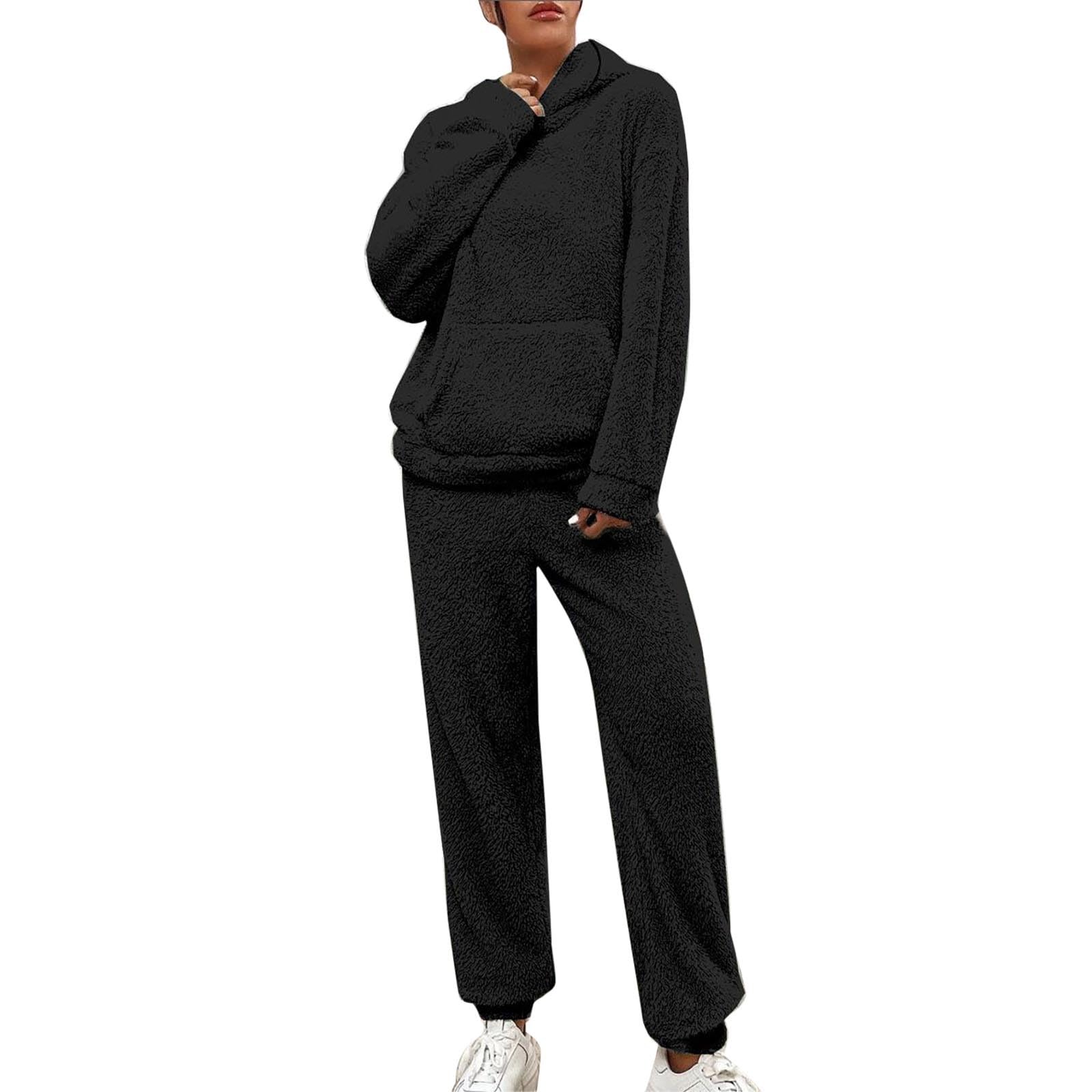 Huispak voor dames, behaaglijk warm winter met capuchon, knuffelpak voor dames, wollig, 2-delige lange pyjama, elegante warme pluche pyjamaset, pluizig vrijetijdspak, nachtkleding