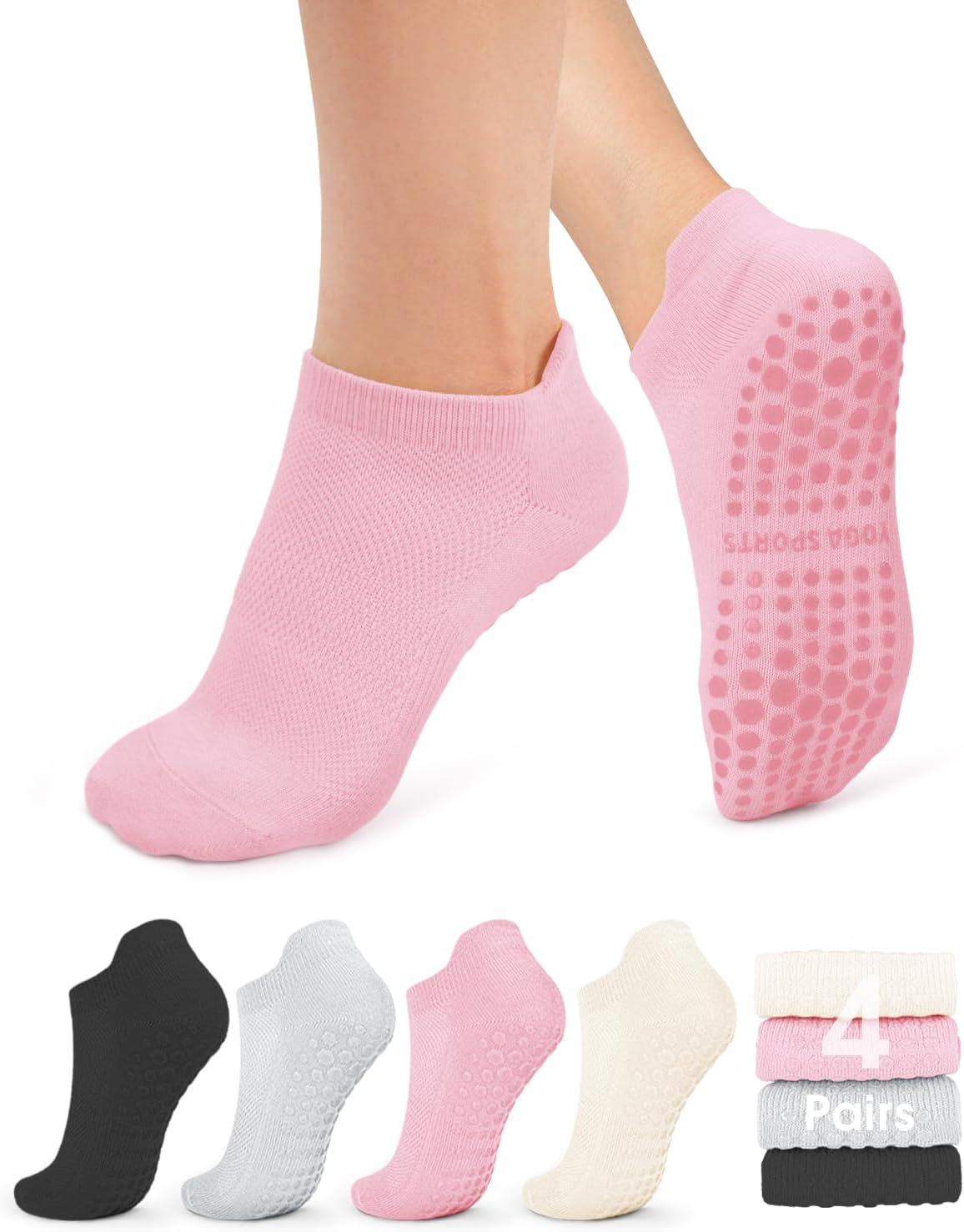 Pilates Socks for Women Non Slip Grip Socks for Yoga, Barre, Hospital, Barefoot Grippy Yoga Sock Womens Gifts 4 Pairs