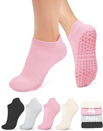 YeuG Pilates Socks for Women Non-Slip Grip Socks for Yoga, Barre, Hospital, Barefoot Grippy Yoga Sock, 4 Pairs