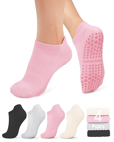 yeuG Pilates Socks for Women Non Slip Grip Socks for Yoga, Barre, Hospital, Barefoot Grippy Yoga Sock Womens Gifts 4 Pairs