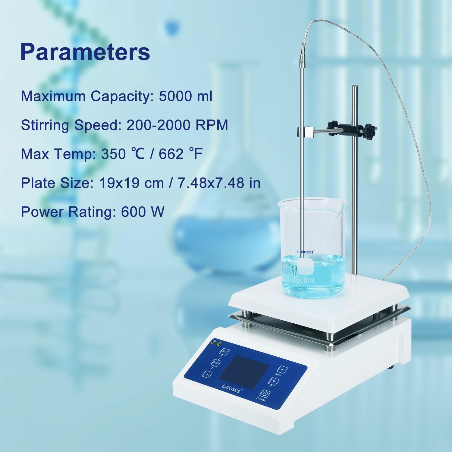 Labasics Magnetrührer mit Digitalanzeige, Maximale Kapazität 200-2000 U/min Magnetrührer mit 19x19 cm Keramik-Heizplatte und Temperaturfühler, Max 350℃, Nennleistung 600W, 220V/50HZ